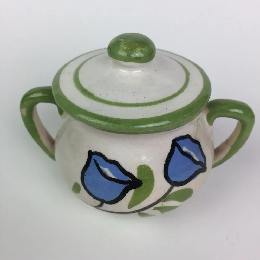 Vtg Italy Handpainted Blue Tulip Flower Stoneware Creamer Sugar Bowl Tray Set